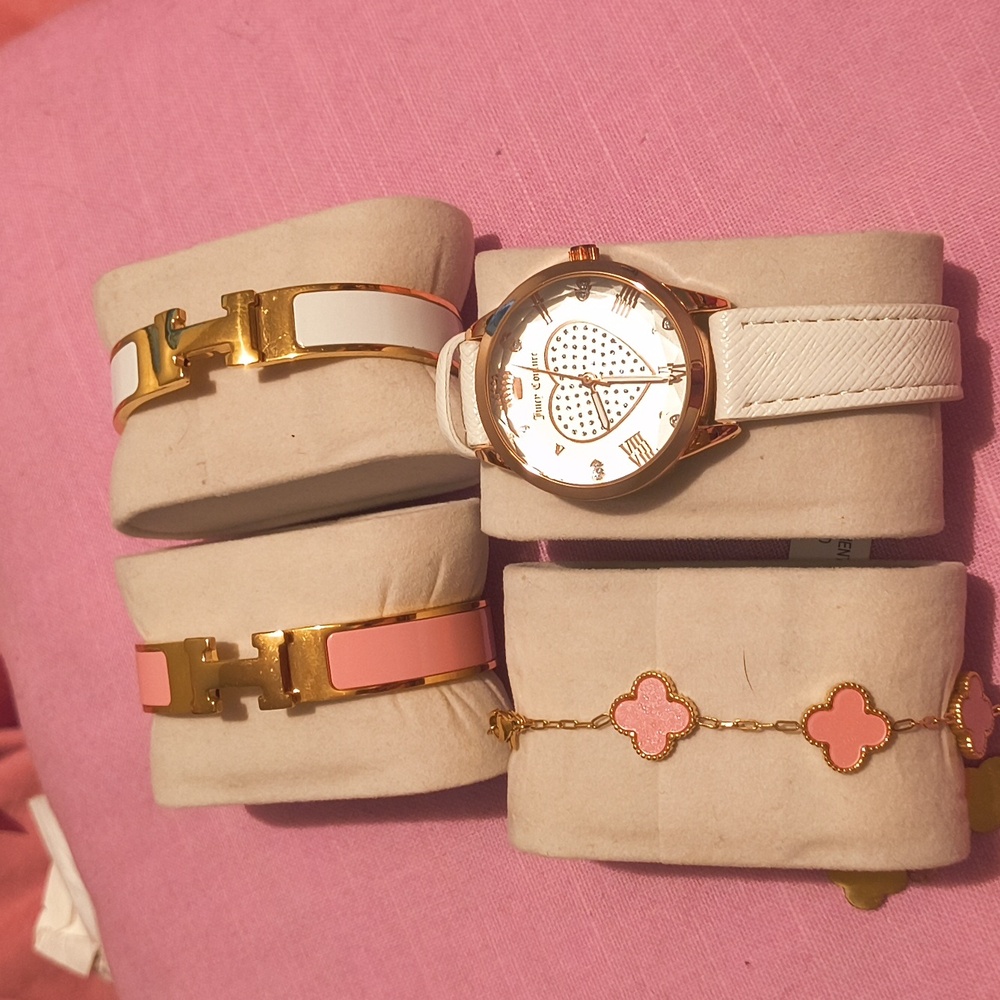 Gold and White Women's Watch with Pink and Gold Bracelets